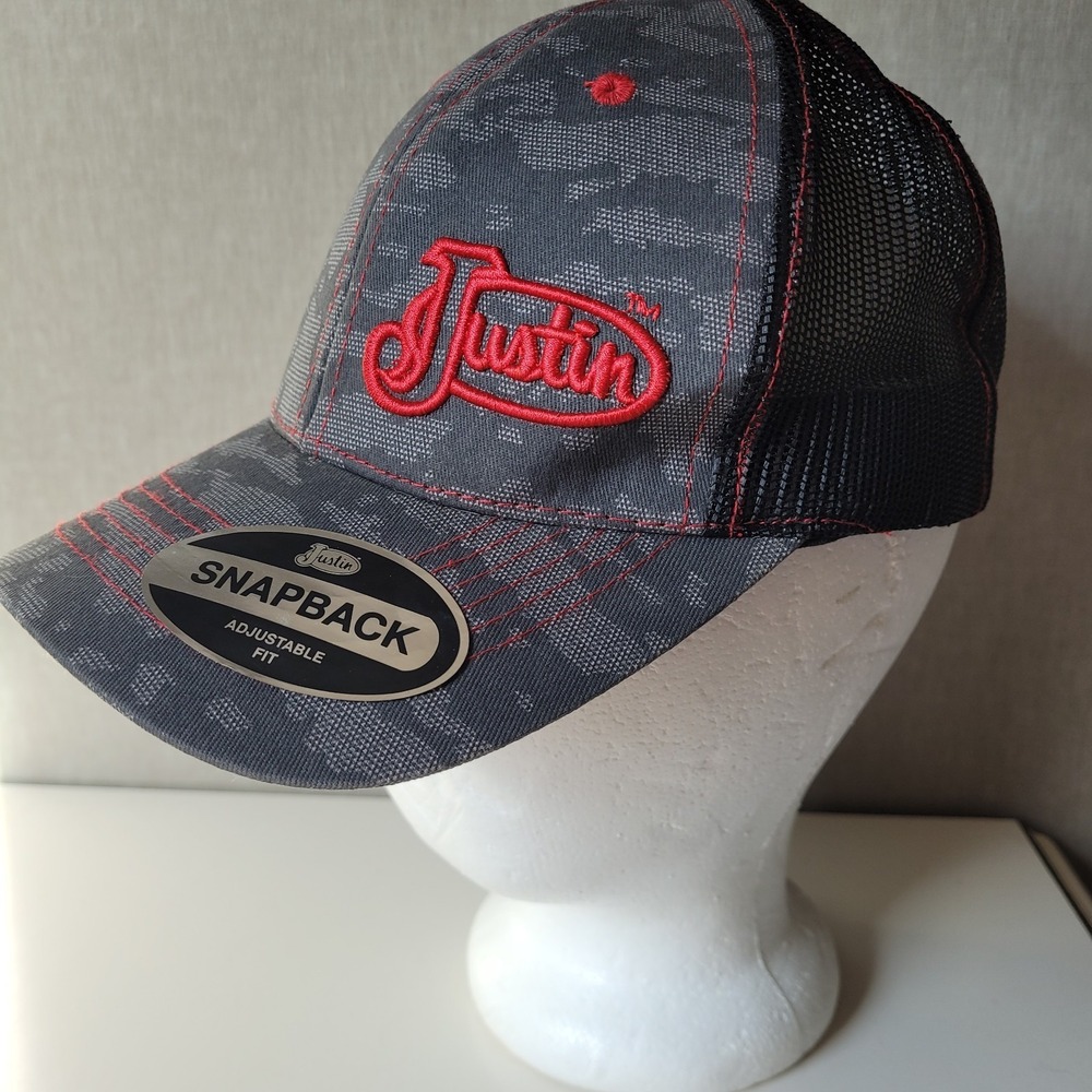 Justin Boots Embroidered Logo Snapback Trucker Hat‎ - Gray Camo & Red